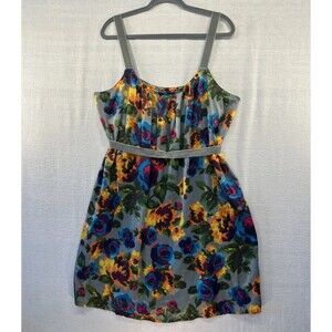 Old Navy Boho Blouson Dress Size XL Gray Multicolor Floral Strappy Ribbon Belt